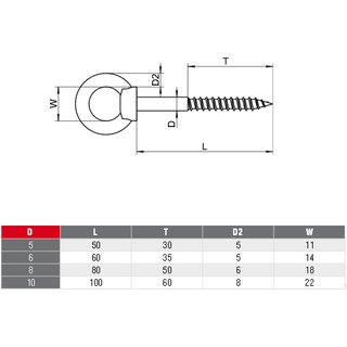 Eye bolt with wood thread Stainless steel V4A A4 D 6X60 A4 - Eyelet screw Ring Screws