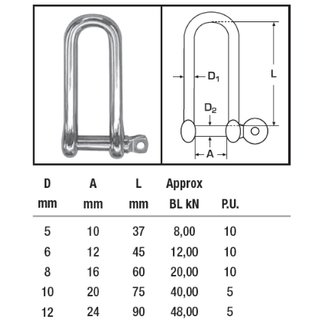Shackle straight long - W-PREMIUM - captive bolt - stainless steel V4A D 12 mm A4