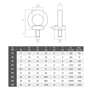 Ring screws Stainless steel V2A A2 DIN 580 M12X20,5 for light load bearing and lifting activities - Stainless steel screws Eyelet screws Special screws Special bolts Metal screws Metric screws Eye screws