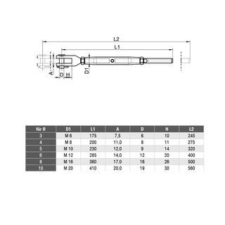 Eye tensioners Fork/wire rope terminal turned stainless steel V4A D= 8 mm M16 A4 - Wire tensioner turnbuckles