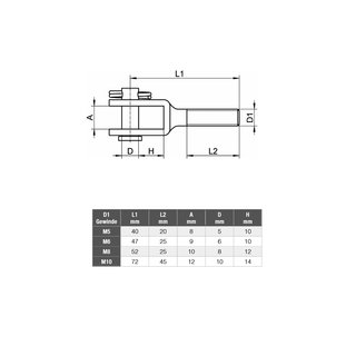 Clevises with male thread left hand stainless steel V4A A4 M6 - fork mount metal clevises swageless fork terminals